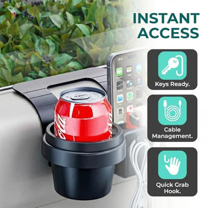Car Window Organizer, Vehicle Side Door Storage Rack with 2.79 Inch Water Cup Phone Holder & Charging Port, Multifunctional Automotive Interior Organizer Accessories, Universal Fit