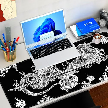 Japanese Dragon Large Gaming Mouse Pad for Desk, Black Mouse Pad Gaming Mouse Mat Desk Pad, Non-Slip Base Computer Pad Keyboard Mat, 31.5x11.8in XL Mousepad with Stitched Edge for Home Office - color: Japanese Dragon