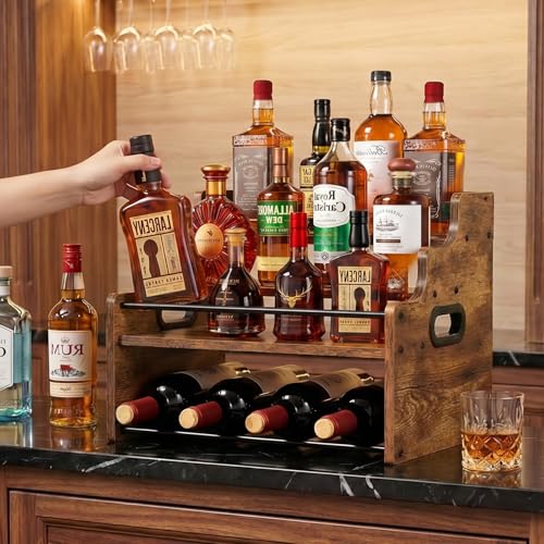 4-Tier Wood Display Shelf Wine Rack for 16 Bottles Wood Coffee Syrup Organizer with Handles Home Whiskey Shelf Retro Mini Liquor Cabinet Spice Rack Coffee Bar Shelves, Brown - color: Brown