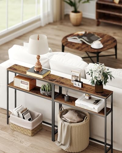 VASAGLE Console Table, 2-Tier Narrow Sofa Table with 2 Shelves, 7.9 x 31.5 x 31.5 Inches, for Living Room, Hallway, Entryway, Rustic Brown and Ink Black ULNT130K01V1 - color: Rustic Brown + Ink Black, size: 31.5"W - Without Power Outlet