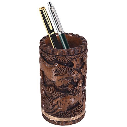 Craft Trade Premium Handcrafted Wooden Desk Organizer - Hand Carved Pen & Pencil Holder for Study Table - Natural Wood Stationery Storage Box, Elegant Office Desk Accessory - color: Lion Maroon