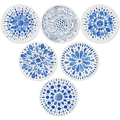 AD Set of 6 Coasters for Drinks Absorbing Round Ceramic Stone Coaster with Cork Base,Tabletop Protection Mat for Mugs and Cups,Office,Kitchen (Indigo Blue 2) - style: Indigo Blue 2
