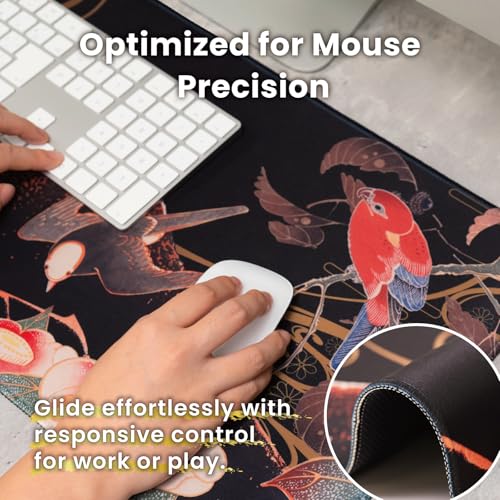 BELLEMOND Japanese Art Desk Mat | Large 31.5x11.8in Anime Mouse Pad for Keyboard & Mouse | Non-Slip Base, Water-Repellent | Original Japanese Design | Crimson Wings Over Fuji - color: Crimson Wings Over Fuji