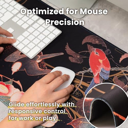 BELLEMOND Japanese Art Desk Mat | Large 31.5x11.8in Anime Mouse Pad for Keyboard & Mouse | Non-Slip Base, Water-Repellent | Original Japanese Design | Crimson Wings Over Fuji - color: Crimson Wings Over Fuji