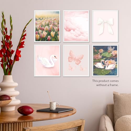 Isfvqyub Preppy Light Pink Flower Wall Art, Aesthetic Coquette Pastel Swan Poster For Girl Women, Trendy Girly Bow Butterfly Wall Decor For Bedroom Dorm College Nursery, Set Of 6 -A13 - size: Pastel Swan