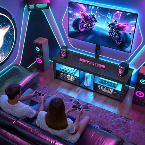TV Stand with Mount for 55/65 Inch TVs,Wood TV Stands for Living Room with Power Outlet & LED Entertainment Center Gaming Console for Bedroom, Height Adjustable Swivel TV Mount, Carbon Fiber Black - color: Black