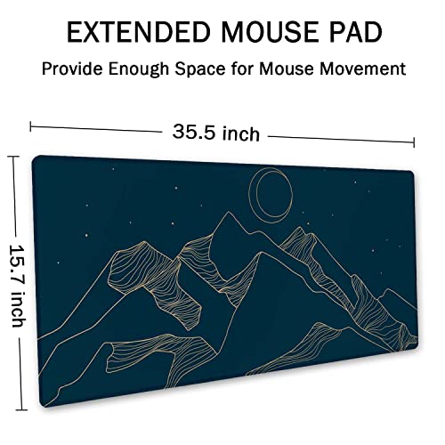 SSOIU Mountain & Moon Landscape Blue Desk Mat, Extended Gaming Mouse Pad 35.5x15.7 in, Large Non-Slip Rubber Base Mousepad with Stitched Edges, Waterproof Keyboard Mouse Mat Desk Pad for Office, Home - color: Mountain & Moon Landscape Blue