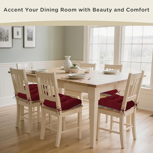 AddGrace Chair Cushions for Dining Chairs Set of 1 Kitchen Seat Cushions with Ties and Non Slip Backing Tufted Indoor Seat Pad for Kitchen Dining Room 18" x 17" x 3" Burgundy - color: Burgundy
