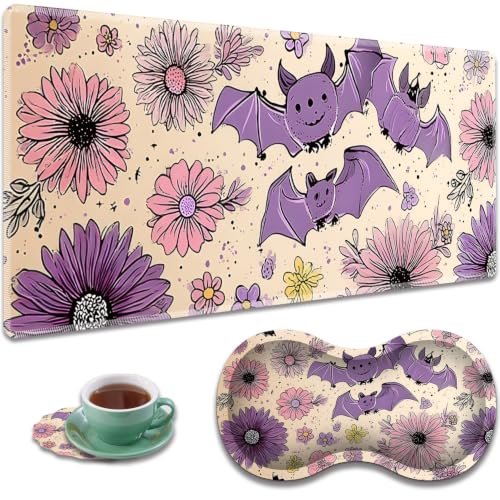 Large Gaming Mouse Pad + Wrist Rest+ Coaster Combo, 31.5 "x 11.8" Durable Non-Slip Extension Table Mat, Suitable for Office and Home, Halloween Bat Flower - color: Halloween Bat Flower