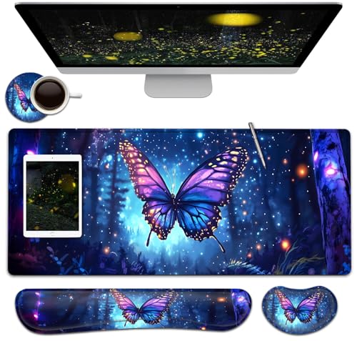 Large Mouse Pad + Keyboard Wrist Rest Set, Extended Gaming Mousepad (31.5X11.8 inch) with Non-Slip Rubber, Ergonomics Memory Foam Mouse Wrist Rest Support, Beautiful Butterfly XXL Desk Pad - color: Yu-Mouse Pad-3-B47