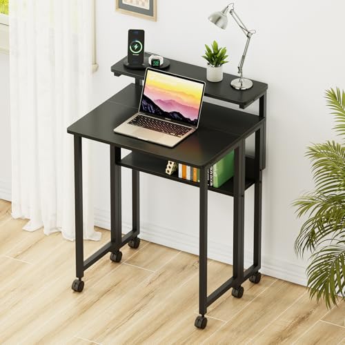 GreenForest Folding Desk with Adjustable Monitor Stand, 24.8 in Small Desk | Storage Shelf, Lockable Wheels, Portable, Space Saving, Mobile Rolling Table for Small Spaces, Home Office, Writing, Black - color: Black