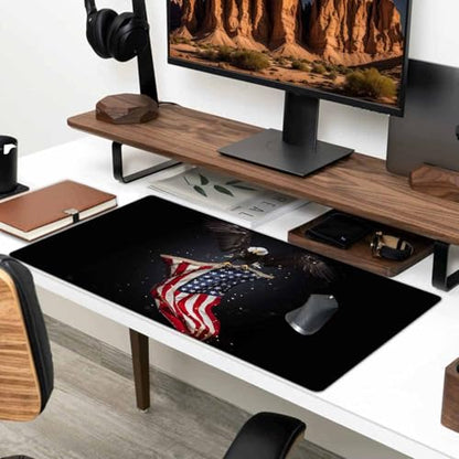 Gaming Mouse Pad Large, Keyboard Mouse Mat Desk Pad, Non-Slip Rubber Base with Stitched Edges Mousepad, 31.5X15.7 inch North American Bald Eagle with American Flag - color: Bald Eagle With American Flag, size: 31.5L x 15.7W inches