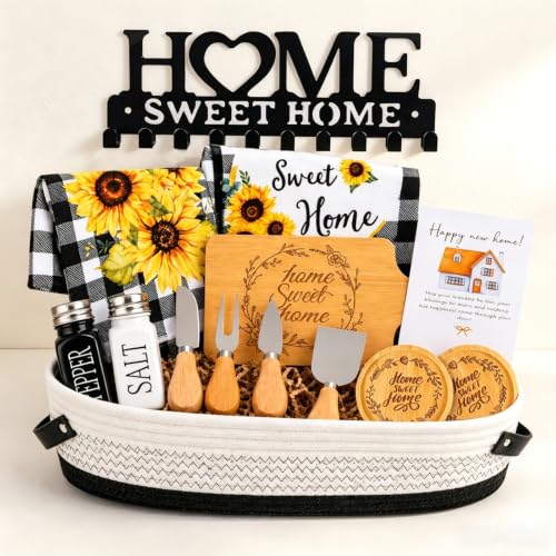14 Pcs House Warming Gift New Home Gift Basket with Bamboo Serving Board, Dish Towels, Cheese Knife Set, Key Holder for Couples Women Men Clients, Closing Gift for Home Buyers, New Homeowner