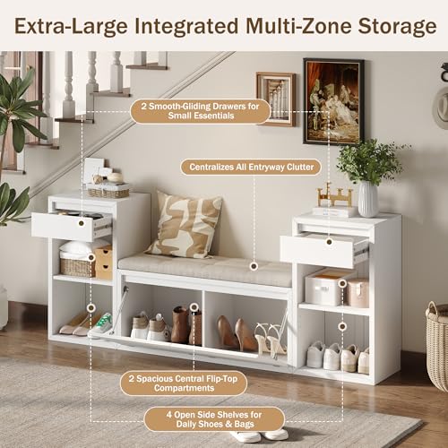 JIJIWANG 77.48" W Entryway Storage Bench with Cushion, 4-in-1 Hallway Bench with Drawers, Compartments and Open Shelves, Mudroom Bench for Shoes and Storage, White - color: White
