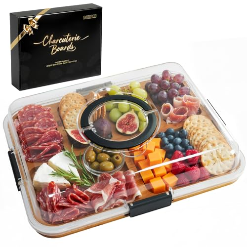 Renmxj Carbonized Charcuterie Board with Lid, Portable Cheese Board Charcuterie Boxes Cutting Boards for Kitchen, House Warming Gifts New Home, Gifts for Women (Carbonized Bamboo, 6 Compartments) - color: Carbonized Bamboo, size: 14.4" x 11.2" x 2.9"