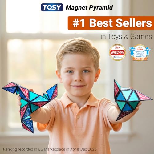 TOSY Magnet Pyramid Stone - 1 Cube Transforms into 1 Billion Shapes, 12 Pieces, 243 Rare Earth Magnets, Holographic Design Magnet Tiles Creative Puzzle STEM/STEAM Toy - color: Stone