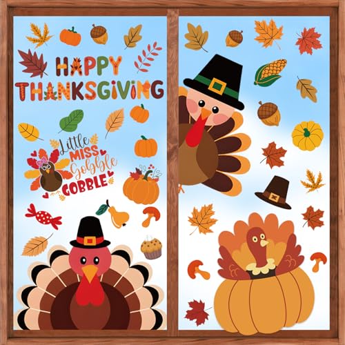 Thanksgiving Window Clings for Glass Windows Fall Decor with Turkey Pumpkin | 9 Sheets Harvest Holiday Fall Decorations for Home Office Work Car Decals Indoor Party Autumn Window Stickers for Glass Doors - color: Thanksgiving