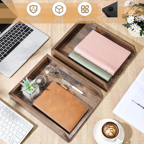 DoubleFill 2 Pcs Wooden Letter Trays 2 Tier Desktop Paper Organizer Wood Letter-Size Desk Document Tray Heavy Duty Stackable Paper Drawer Holder File Folder Back to School Office Home (Dark Wood) - color: Dark Wood