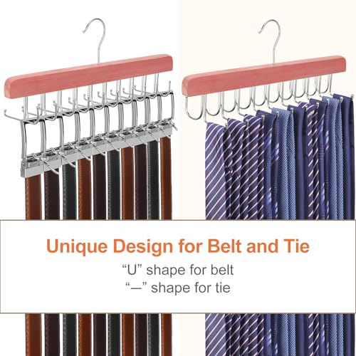 TOPIA HANGER Cedar 2 Pack 2 in 1 Belt Tie Hanger for Closet Max 60 Belts with 60 Ties Capacity, 20 Hooks Belt Tie Racks Hanger for Closet Organizer Storage Curved Fit Belt and Flat Fit Tie - CT60C - color: Cedar-2 Pack