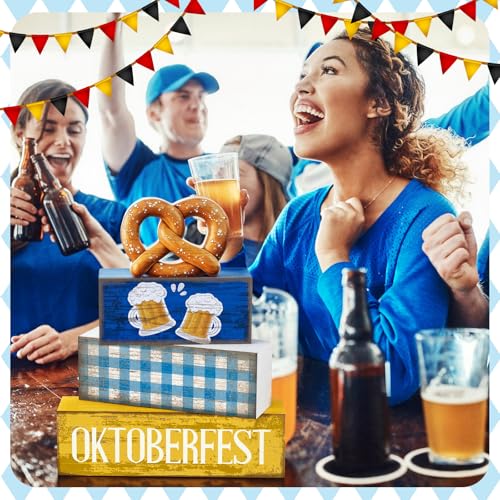 Yuntau 4 Pcs Oktoberfest Table Decorations Wooden Beer Tabletop Centerpiece Bavarian German Festival Tiered Tray Decor Rustic Oktoberfest Block Sign for Photo Prop Party - style: Oktoberfest