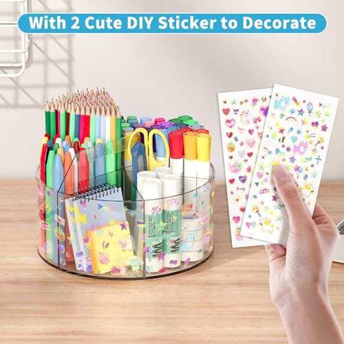 Acrylic Pen Holder with 2 Adhesive DIY Stickers, Desk Organizer Marker Holder with Cute Sticker, 360 Degree Office Supply Organizer Clear Pencil Holder Kid Art Supply Storage Organizer 6 Compartments - size: Large x2 sticker