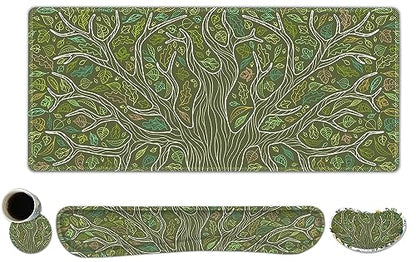 ToLuLu Desk Mat, Gaming Mouse Pad Wrist Support 4 in1 Set, XXL Large Mouse Pad + Keyboard Wrist Rest + Memory Foam Cushion Mouse Wrist Rest for Pain Relieve + Coaster Table Computer PC, Green Leaves - color: Green Leaves