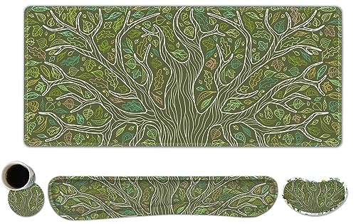 ToLuLu Desk Mat, Gaming Mouse Pad Wrist Support 4 in1 Set, XXL Large Mouse Pad + Keyboard Wrist Rest + Memory Foam Cushion Mouse Wrist Rest for Pain Relieve + Coaster Table Computer PC, Green Leaves - color: Green Leaves