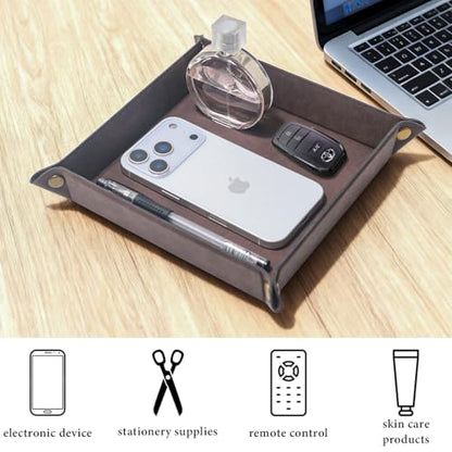Valet Tray Desktop Storage Organizer – Premium PU Leather Catchall Bedside Vanity Tray Nightstand Caddy Holder for Remote Controller, Keys, Phone, Wallet, Coin, Jewelry,Brown - color: Brown