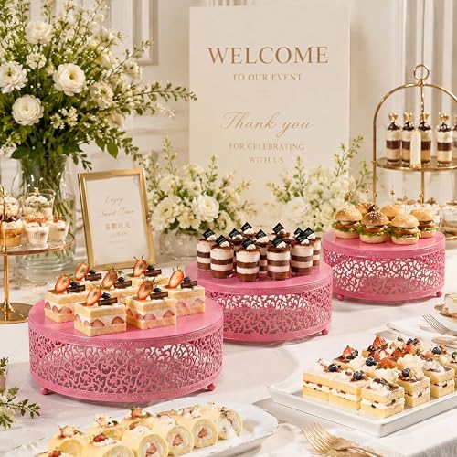3-Piece Metal Cake Stand Set, Round Buffet Risers (8 to 12 Inch) – Sturdy Dessert Cupcake Pastry Candy Plate Stands for Wedding, Birthday Party & Event (3P-Pink) - color: Pink, size: 3P-Round(8IN to 12 IN)