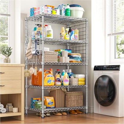 DurayLoly Storage Shelves with Hooks, Metal Shelving 5 Tier Adjustable, Storage Rack 530LBS, Chrome, Metal Shelf Easy Assemble, Wire Shelving for Kitchen, Pantry, 29.5" W x 11.8" D x 59.1" H