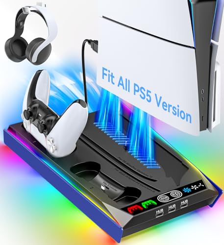 Rysker PS-5/Slim/Pro Cooling Station with 3-Level Cooling Fan, Fast Controller Charger for Disc & Digital, PS-5 Accessories Incl. 3 USB Ports, Screw and Headset (Royal Blue) - color: Royal Blue