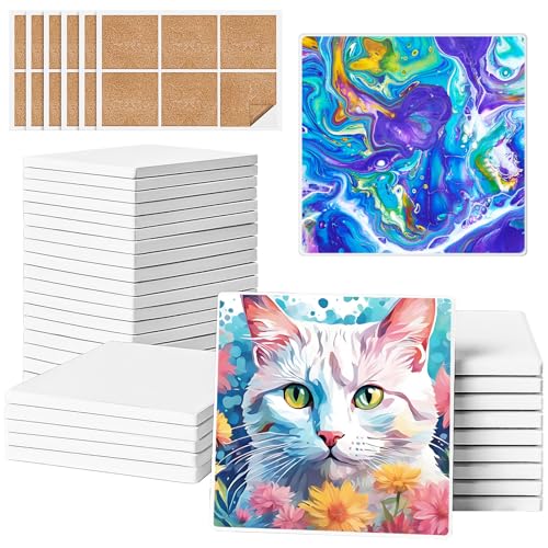 Ceramic Tiles for Crafts, GOH DODD 36 Pack Unglazed Blank Coasters with Cork Backing for Alcohol Ink Painting Acrylic Pouring Art Projects Housewarming Gifts Wedding School Education, Square, 4 Inch - color: Square, size: 36 Pieces