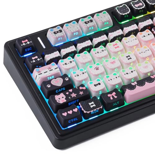 PBT Keycaps - Side Print Cat Keycaps, 113 Keys Shine Through Dye-Sub Cute Keycap, Mao Profile Custom Keycap for 60 65 75 100 Percent Cherry MX Mechanical Keyboard - color: Black Pink Meow