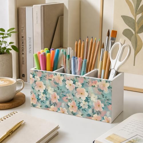 Pink and Blue Floral Pen Holder for Desk, Cottagecore Pastel Flower Botanical Wooden Box Sign Desk Storage Organizer for Girls Room Bedroom Dorm Home Office Decoration - color: Blue Floral