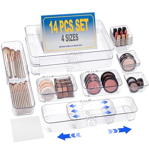 Aneco 14 Pieces Extendable Clear Drawer Organizer Adjustable Vanity Storage Box 4-Size Desk Drawer Divider Acrylic Storage Bins for Makeup, Cosmetic, Jewelries, Bedroom Kitchen Utensils Gadgets