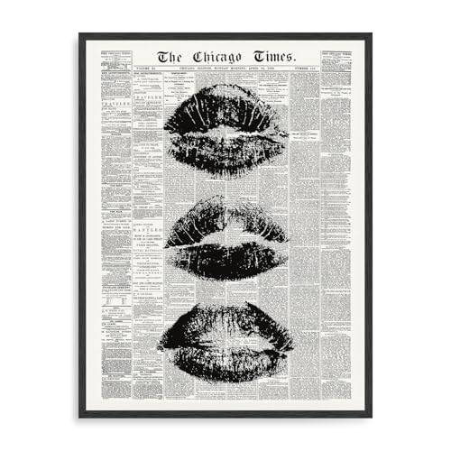 Dazzlewall Vintage Newspaper Wall Art Poster, Black and White Kiss Lips The Chicago Times Modern Fashion Picture Prints Funky Girls Dorm Bedroom Bathroom Decor, 12x16 in Unframed - color: Black and White