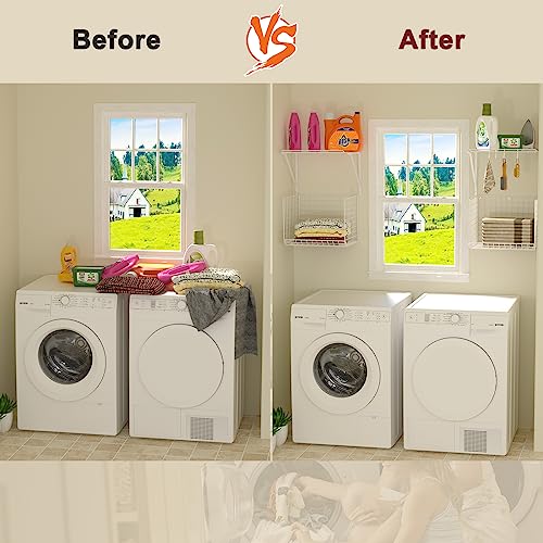 2 Pack Laundry Room Shelves Wall Mounted with Wire Baskets, Over the Washer and Dryer Shelf with Clothes Drying Rack, 8 Hooks，Wire Shelves Baskets for Laundry Closet Organization and Storage, White - color: White