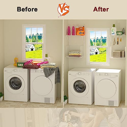 2 Pack Laundry Room Shelves Wall Mounted with Wire Baskets, Over the Washer and Dryer Shelf with Clothes Drying Rack, 8 Hooks，Wire Shelves Baskets for Laundry Closet Organization and Storage, White - color: White