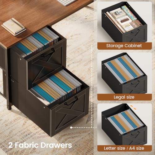 SEDETA L Shaped Gaming Desk, Reversible Computer Desk with Fabric Drawers and Power Outlet, Gaming Desk with Led Lights, Hutch and Storage Shelf for Home Office (Black and Brown) - color: Black and Brown