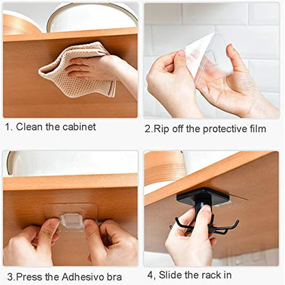 2pcs Under Cabinet Kitchen Utensil Hooks,360° Rotating Drilling Free Adhesive Utensils Hanging Rack for Tools/Towel/Knife (Black) - color: Black