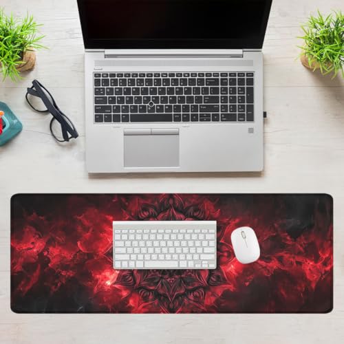 Mandala Mouse Pad Gothic Dark Red Flame Magic Abstract Large Desk Mat with Stitched Edges,Non-Slip Waterproof Rubber Base Mouse Mat 31.5 x 11.8 Mouse Pads for Desk Home Office Gaming - color: Mandala, size: 31.5" x 11.8"