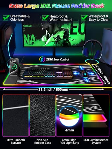 Mouse Pad with Foldable Phone Holder & Wireless Charger, XXL RGB Gaming Mousepad 31.5"x15.8" Large Desk Mat for Keyboard, Black Desk Pad with Dual Qi Charging Station | 11 Colors 5 Modes - color: Wave-Phone Holder-31.5"x15.8"