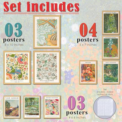 MAZUKO 10 Pcs Vintage Eclectic Wall Art Prints, Trendy Maximalism Poster for Aesthetic, Eclectic Wall Decor Van Gogh William Morris Matisse Monet Maximalist Famous (Unframed) - color: Eclectic 4 - UNFRAMED
