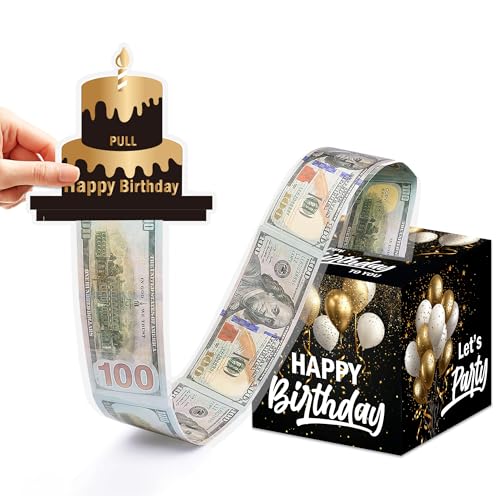White Gold Birthday Money Box for Cash Pull, Happy Birthday Boxes Gifts for Money Pull Out Card, 50Pcs Transparent Bags - color: Gold
