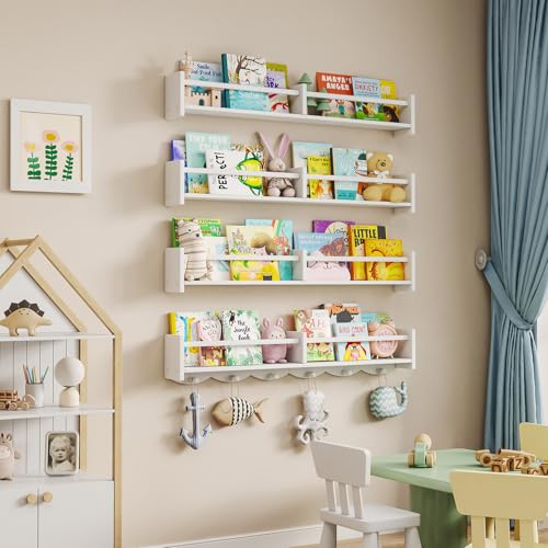 34Inch Nursery Bookshelves,Set of 4,Wall Floating Shelf Kids Coat Rack with 6Hooks,Hanging Book Shelf for Baby Nursery Room Décor ，Patent Number: 29958098(White, 34) - color: White