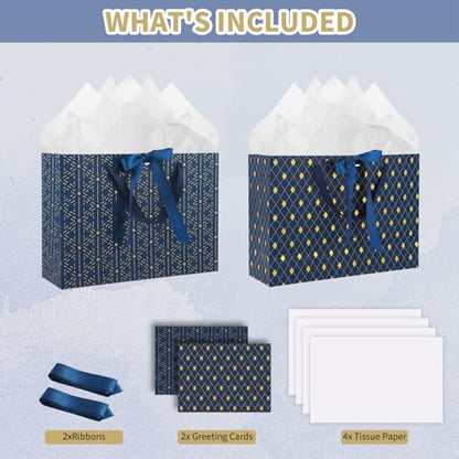 woric 2 Pcs Gift Bags for Men, 13.7" Large Blue Graduation Gift Bag with Handles Matching Tissue Paper Cards for Men Birthday Wedding Anniversary Special Occasion - color: Navy Blue