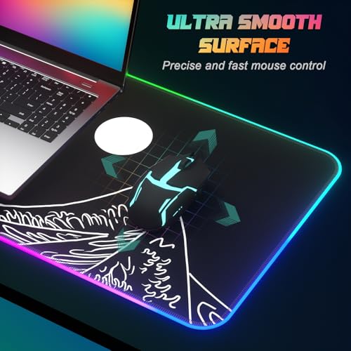 ITNRSIIET RGB Gaming Mouse Pad, Full Desk XL Extended Large Gaming Mousepad, 12 Lighting Modes 30% Thicker Big LED Desk Mat for Gamers, 32 x 12 inches, Waves Under The Moon - color: Waves Under the Moon