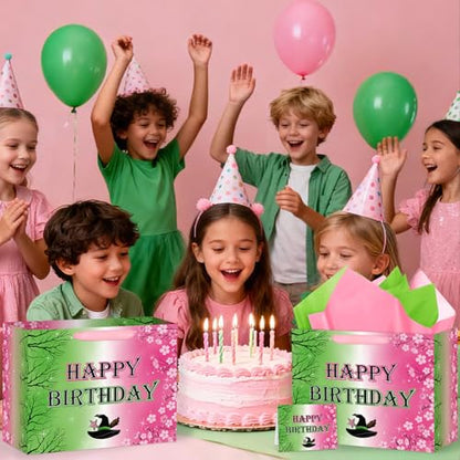 Hooqict Large Pink and Green Gift Bag Witch Birthday Gift Wrap Bag with Handles, Tissue Paper, Greeting Cards for Girls Friendship Princess Witch Party Favors Movie Theme Birthday Party Supplies - color: Pink and Green