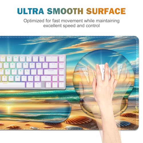Gaming Mouse Pad, Large Desk Mat, Cute Desk Pad Protector, 4in1 XXL Mousepad + Keyboard Wrist Rest+Mouse Wrist Rest+Coaster Set with Ergonomic Desk Pad for Home Office Computer, Beach Sun Shell - color: Beach Sun Shell