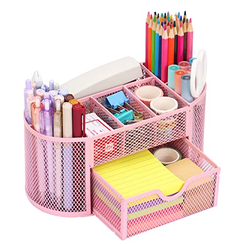 EOOUT Pink Desk Organizer, Pen Holder for Desk and Accessories, Mesh Desk Organizer with 8 Compartments and 1 Drawer for Office Home School Classroom - color: Pink